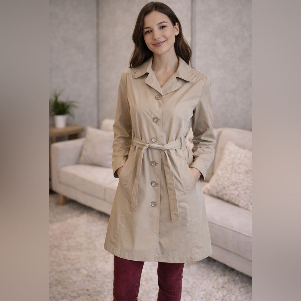 Santory Women’s Tan Trench Coat Belted Button Front Jacket Size Medium